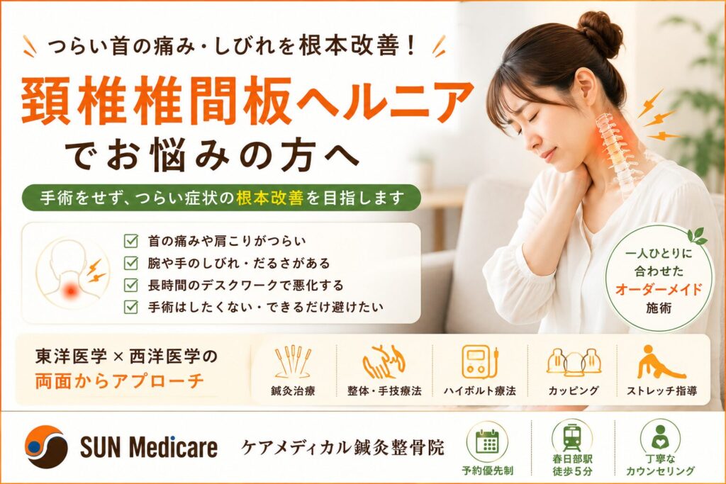 【春日部で頚椎椎間板ヘルニアによる首・腕の痛みでお悩みの方へ】しびれや手の力が入りにくい症状をサポート