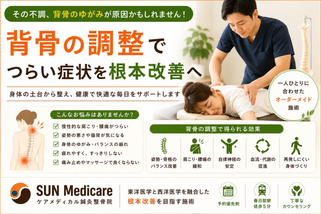 【春日部で背骨・骨格調整をご希望の方へ】姿勢改善・身体のバランスを整え、不調の出にくい身体づくりをサポート